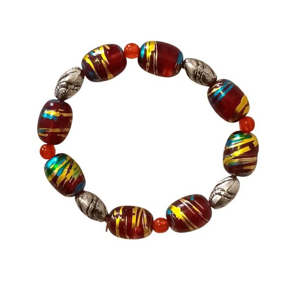 Handmade Glass Bead Bracelet Red Gold Stretch Band - Picture 1 of 5